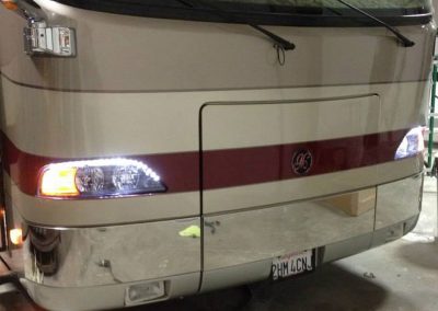 Mackin Street Customs RV Eugene OR Custom LED lights added to RV front headlamp area